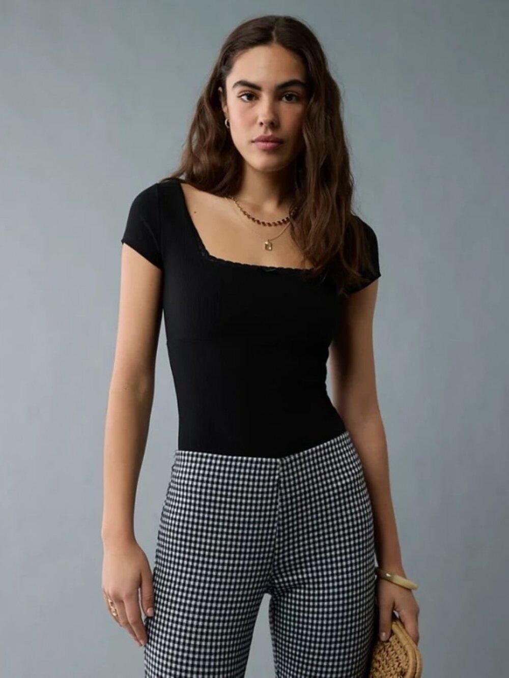 NWT American Eagle Square-Neck Lace Trim with Bow Bodysuit L
